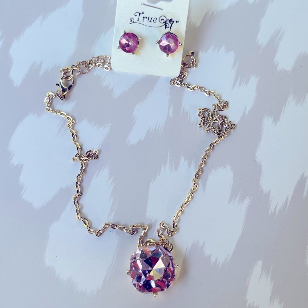 Necklace Earring Set Gold Pink Barbie Jewel Gem Stud Cocktail Classic Jewelry